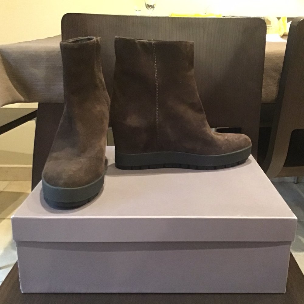 Prada Brown Suede Platform Heeled Ankle Boots Size 8.5